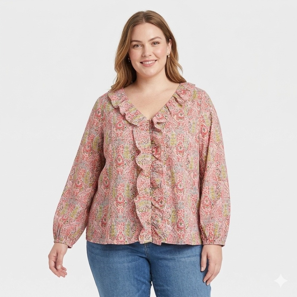 Talbots Plus Ruffle V-Neck Blouse Women 1X Pink Cotton Pintuck Floral Top Spring